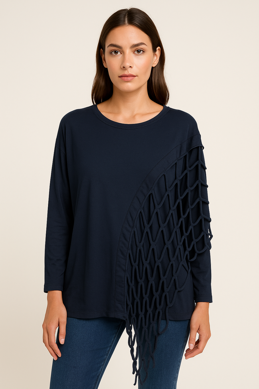 Pure Stretchy Cotton Plus Size Top With Distressed Slashing Panel