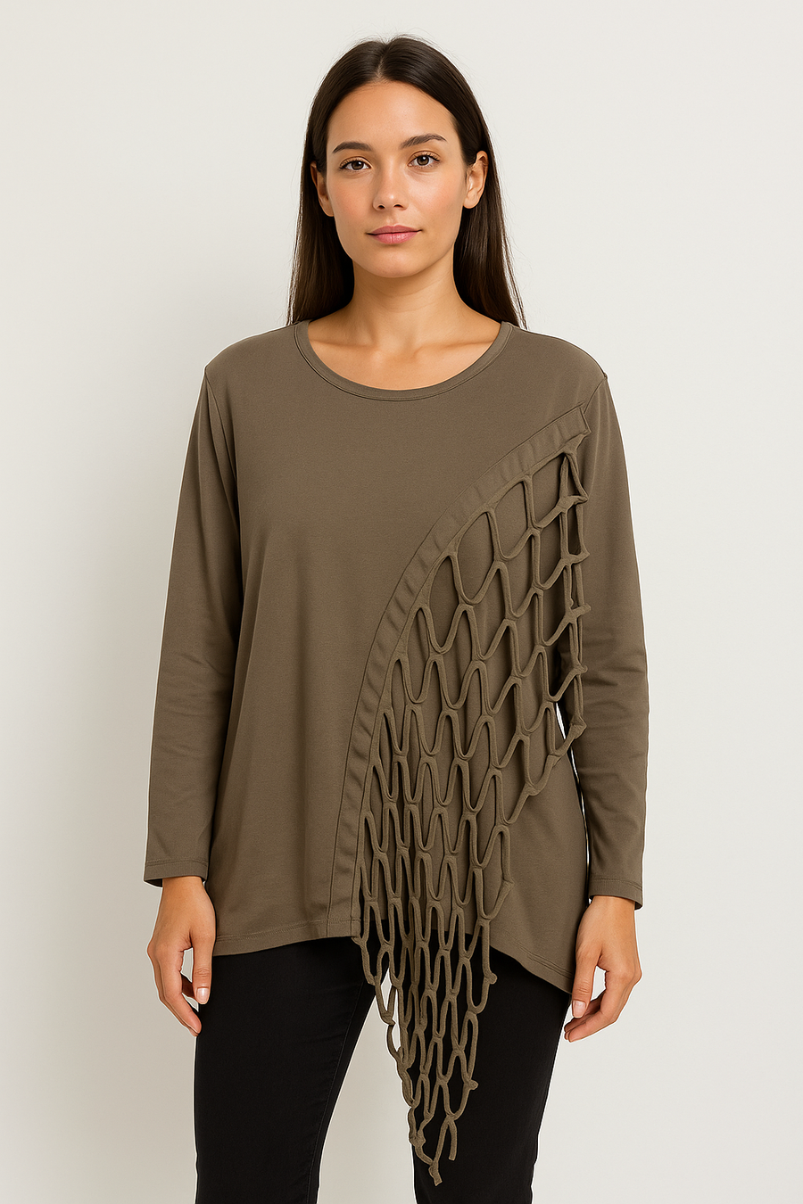 Pure Stretchy Cotton Plus Size Top With Distressed Slashing Panel