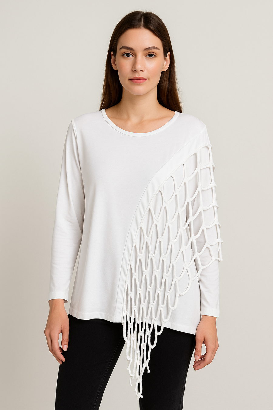 Pure Stretchy Cotton Plus Size Top With Distressed Slashing Panel