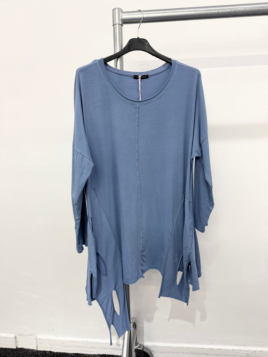 Pure Stretchy Cotton Plus Size Friendly Top With Distressed Slashing Design Asymmetric