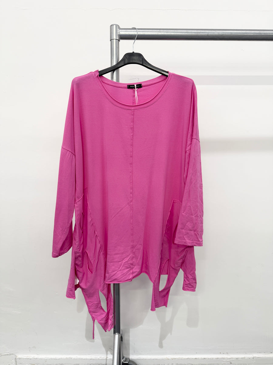 Pure Stretchy Cotton Plus Size Friendly Top With Distressed Slashing Design Asymmetric