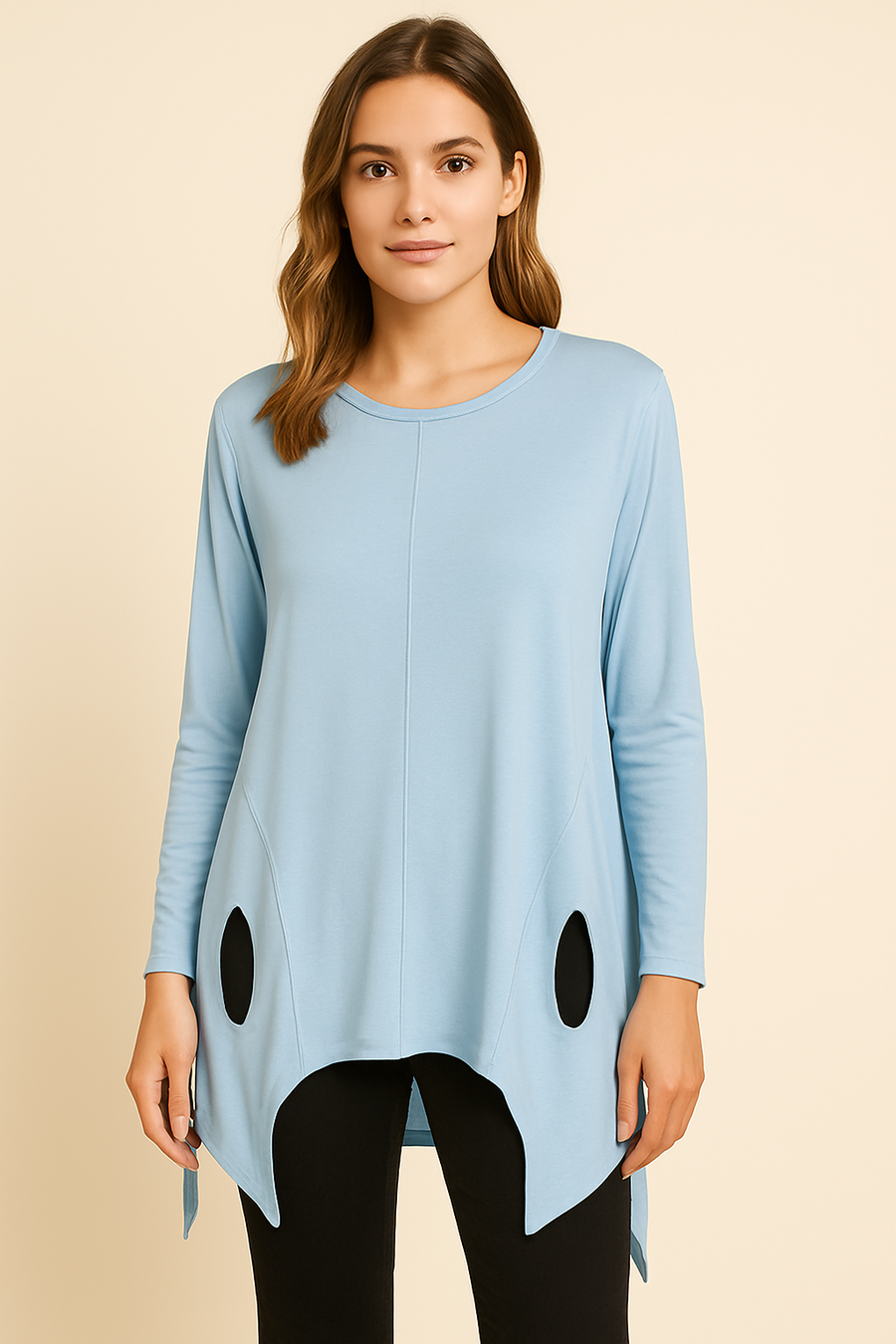 Pure Stretchy Cotton Plus Size Friendly Top With Distressed Slashing Design Asymmetric