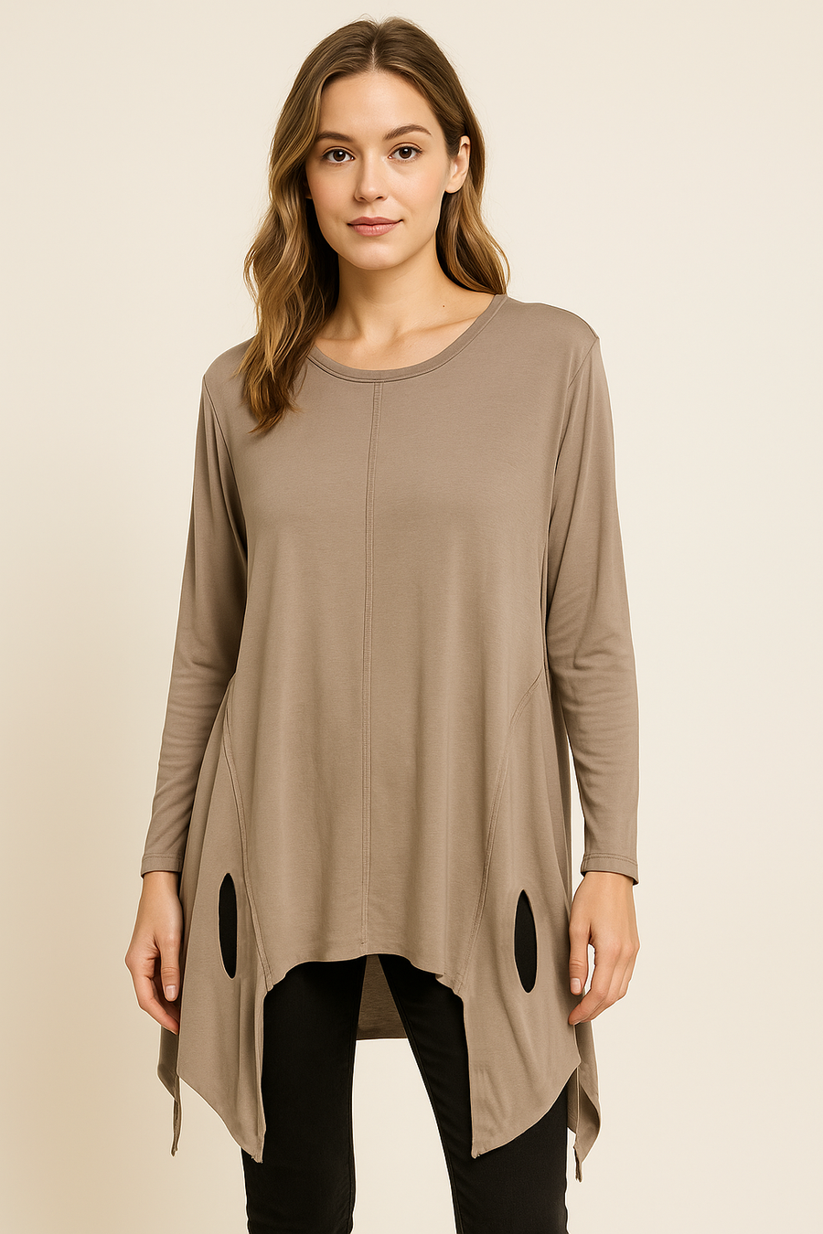 Pure Stretchy Cotton Plus Size Friendly Top With Distressed Slashing Design Asymmetric
