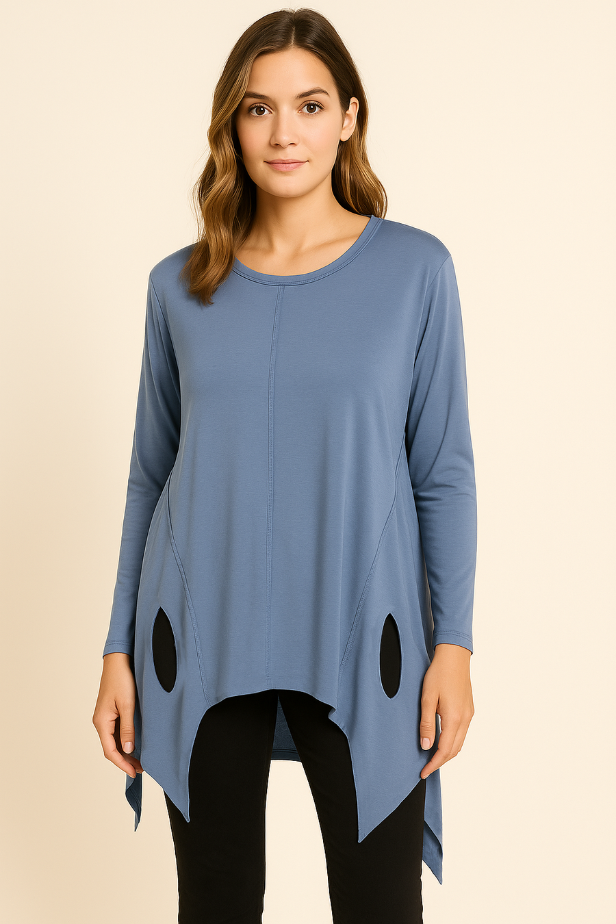 Pure Stretchy Cotton Plus Size Friendly Top With Distressed Slashing Design Asymmetric