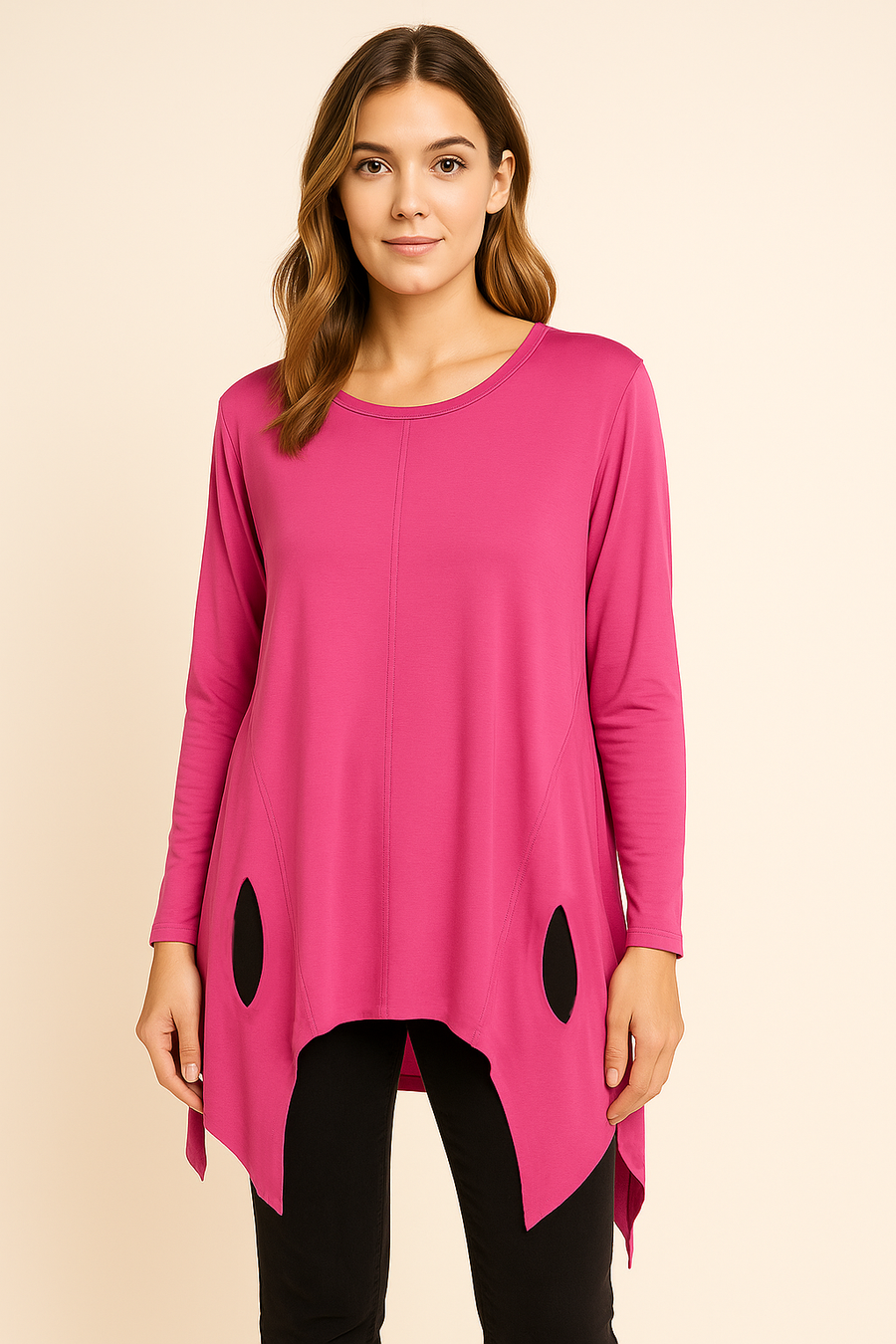 Pure Stretchy Cotton Plus Size Friendly Top With Distressed Slashing Design Asymmetric