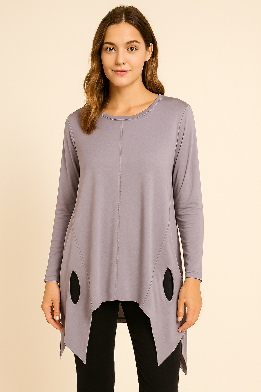 Pure Stretchy Cotton Plus Size Friendly Top With Distressed Slashing Design Asymmetric