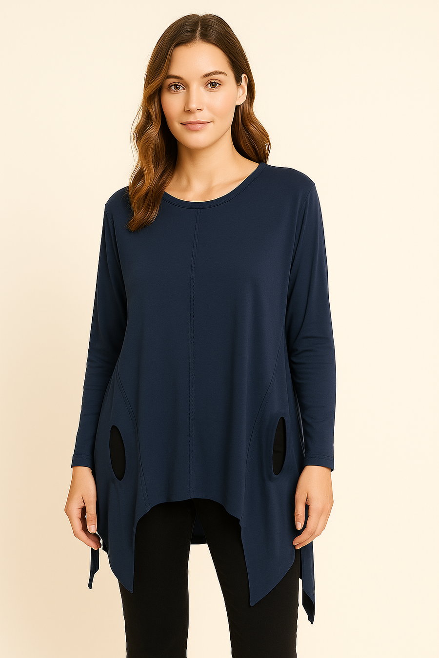 Pure Stretchy Cotton Plus Size Friendly Top With Distressed Slashing Design Asymmetric