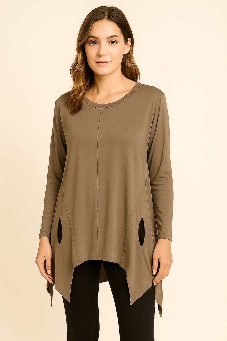 Pure Stretchy Cotton Plus Size Friendly Top With Distressed Slashing Design Asymmetric