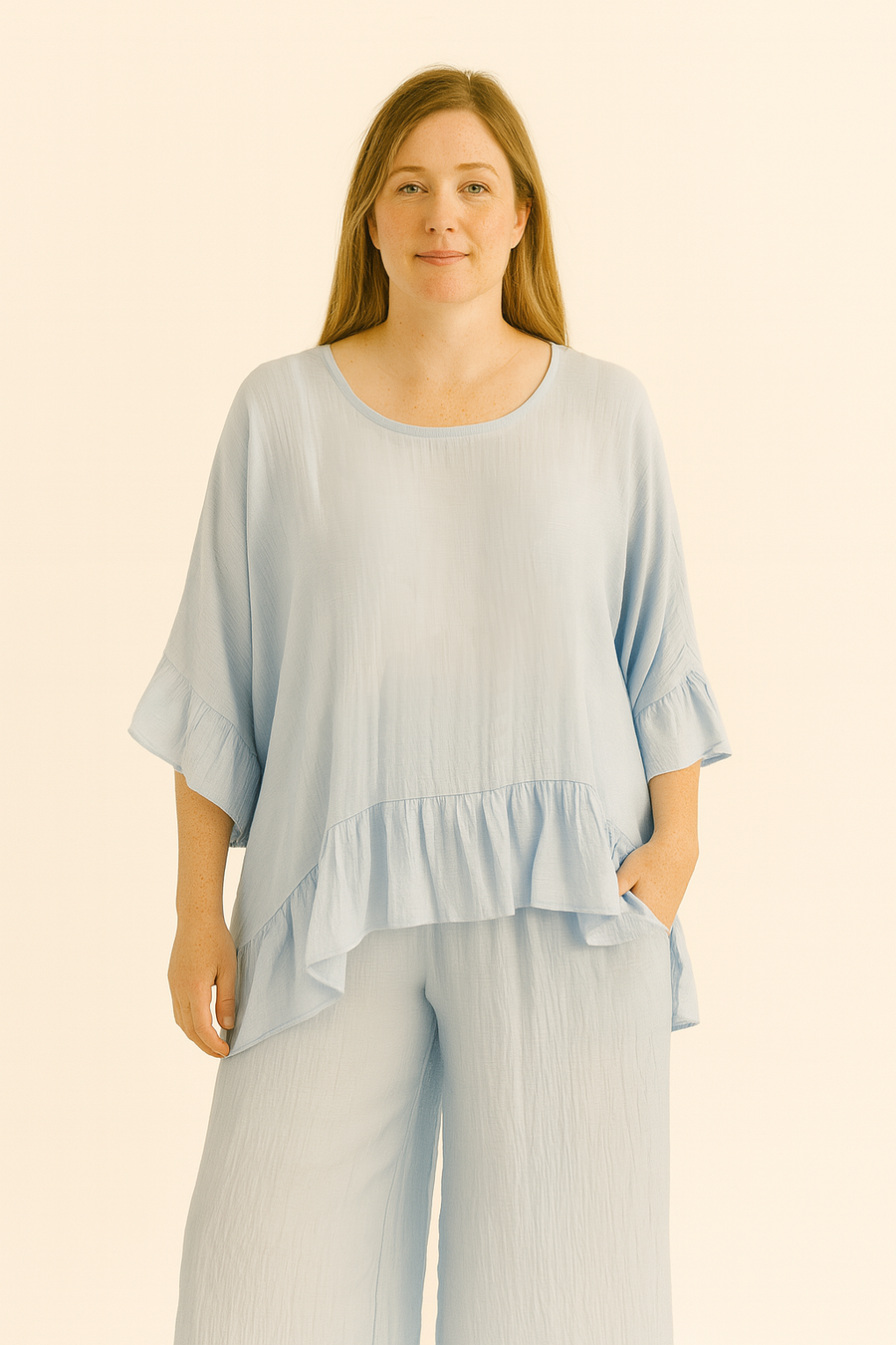 RUFFLE HEM PLUS SIZE FRIEND TOP AND PANTS SET
