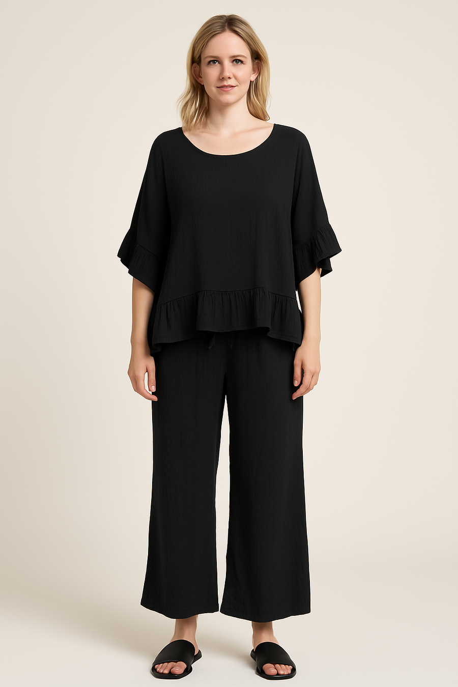 RUFFLE HEM PLUS SIZE FRIEND TOP AND PANTS SET