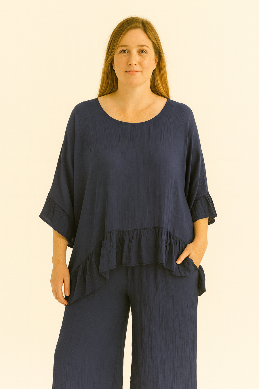 RUFFLE HEM PLUS SIZE FRIEND TOP AND PANTS SET
