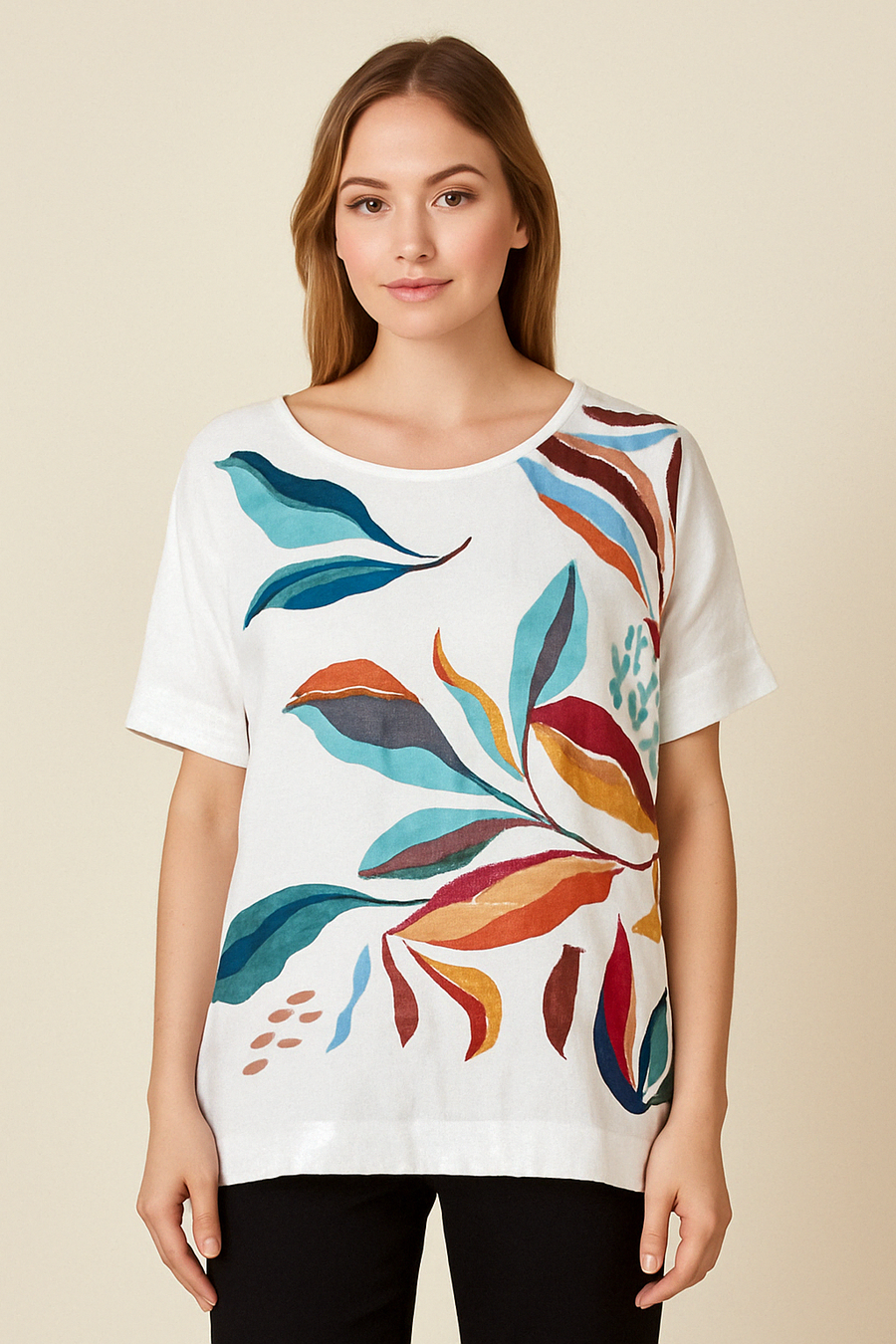 PRINTED LINEN FRONT AND JERSEY COTTON BACK T-SHIRT WITH SEQUIN HEM