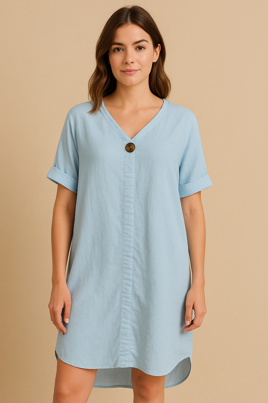 DROPPED HEM LINEN COTTON BLEND DRESS WITH DECORATIVE BUTTON