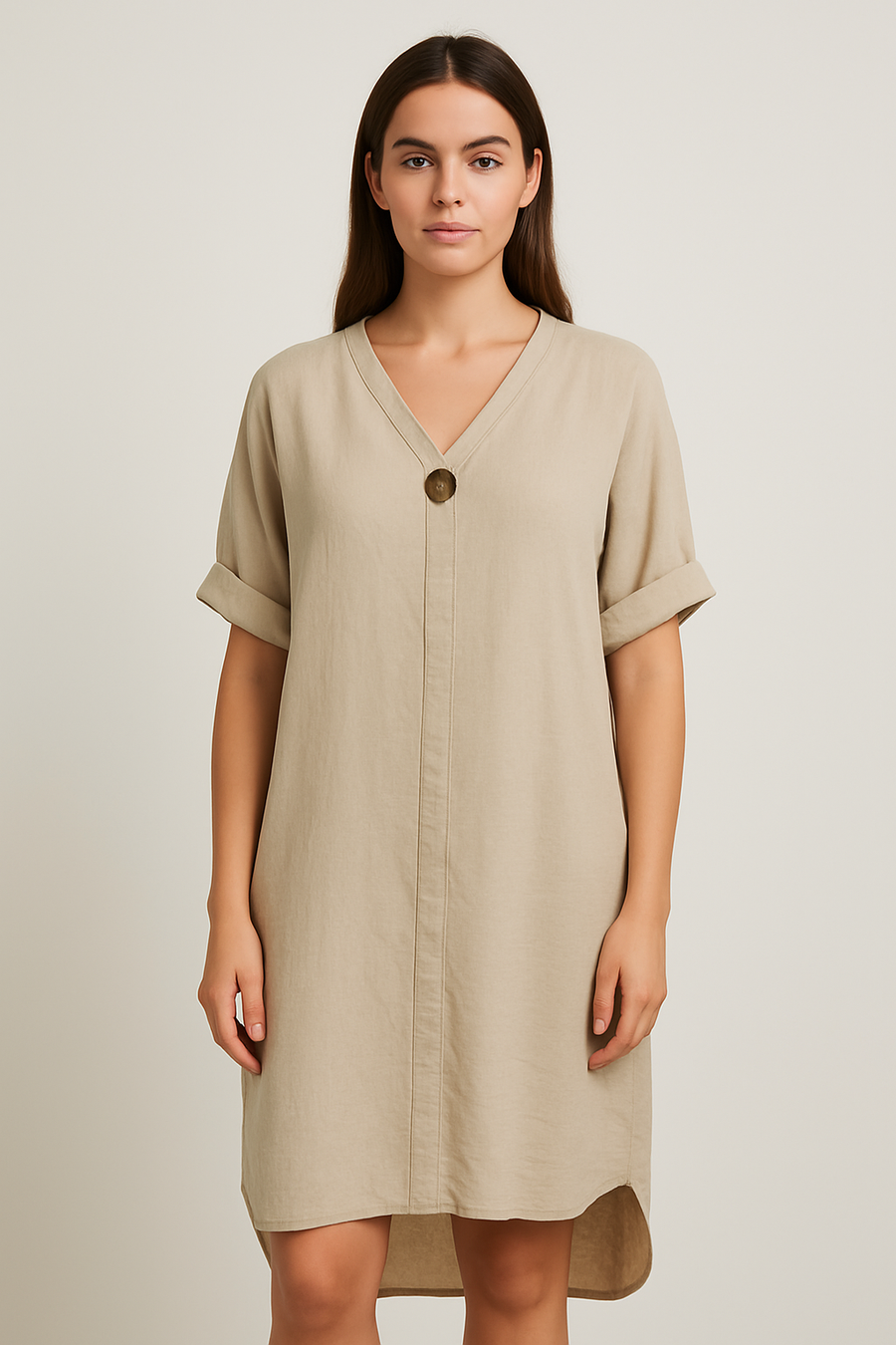 DROPPED HEM LINEN COTTON BLEND DRESS WITH DECORATIVE BUTTON