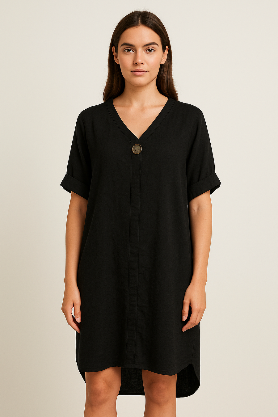 DROPPED HEM LINEN COTTON BLEND DRESS WITH DECORATIVE BUTTON