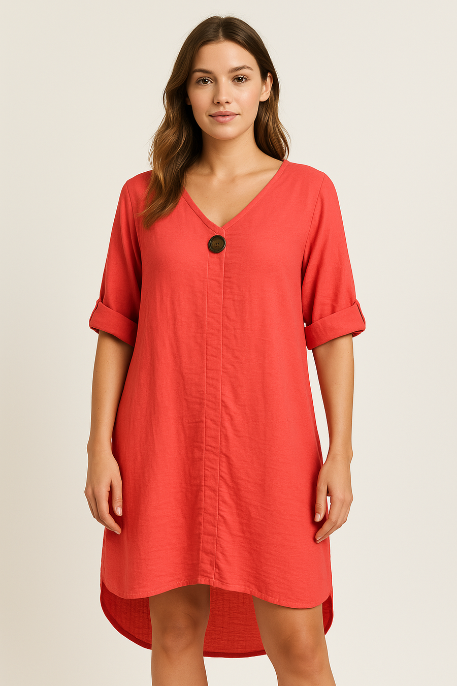 DROPPED HEM LINEN COTTON BLEND DRESS WITH DECORATIVE BUTTON