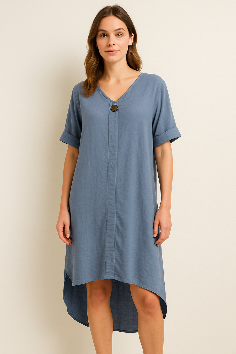 DROPPED HEM LINEN COTTON BLEND DRESS WITH DECORATIVE BUTTON