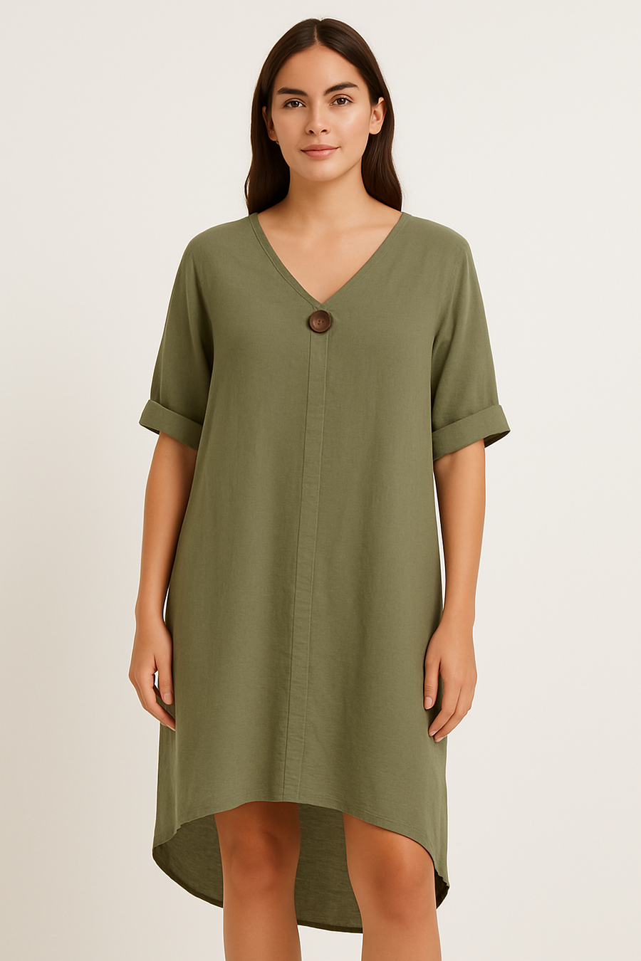 DROPPED HEM LINEN COTTON BLEND DRESS WITH DECORATIVE BUTTON