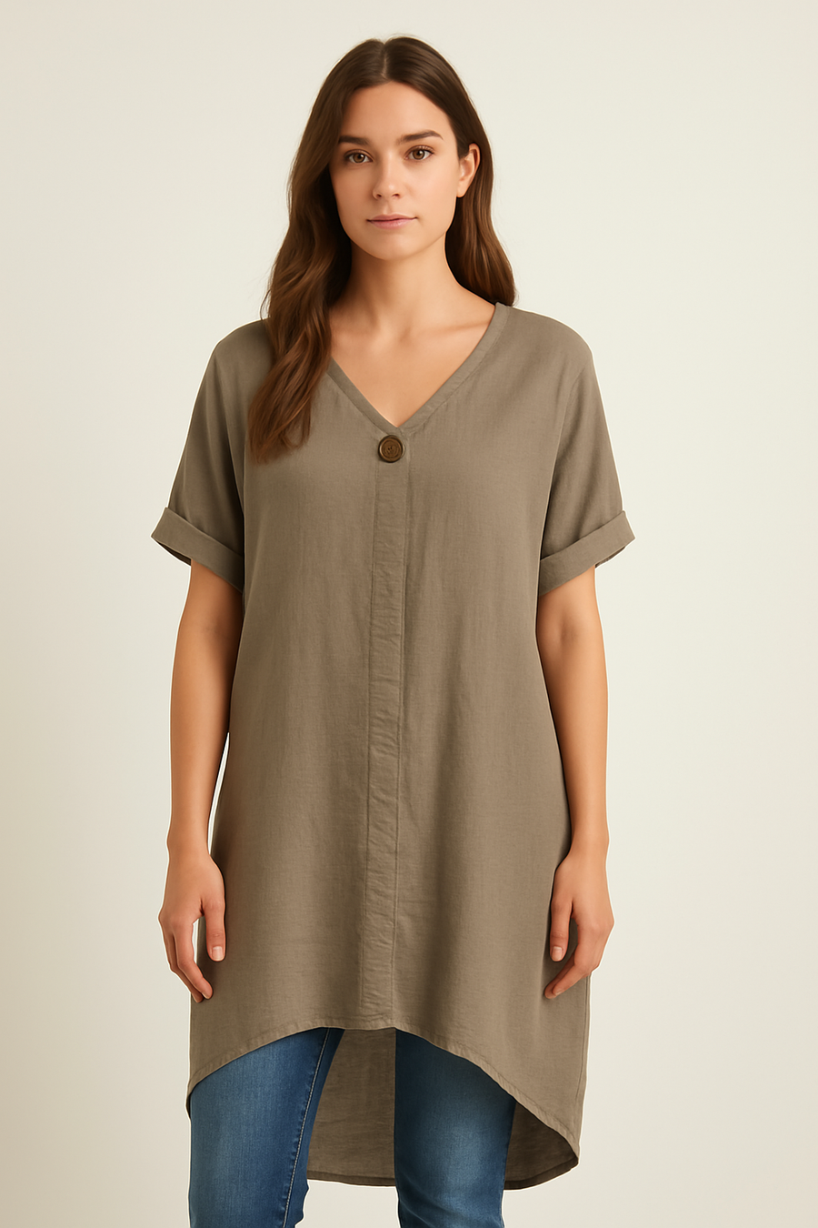 DROPPED HEM LINEN COTTON BLEND DRESS WITH DECORATIVE BUTTON