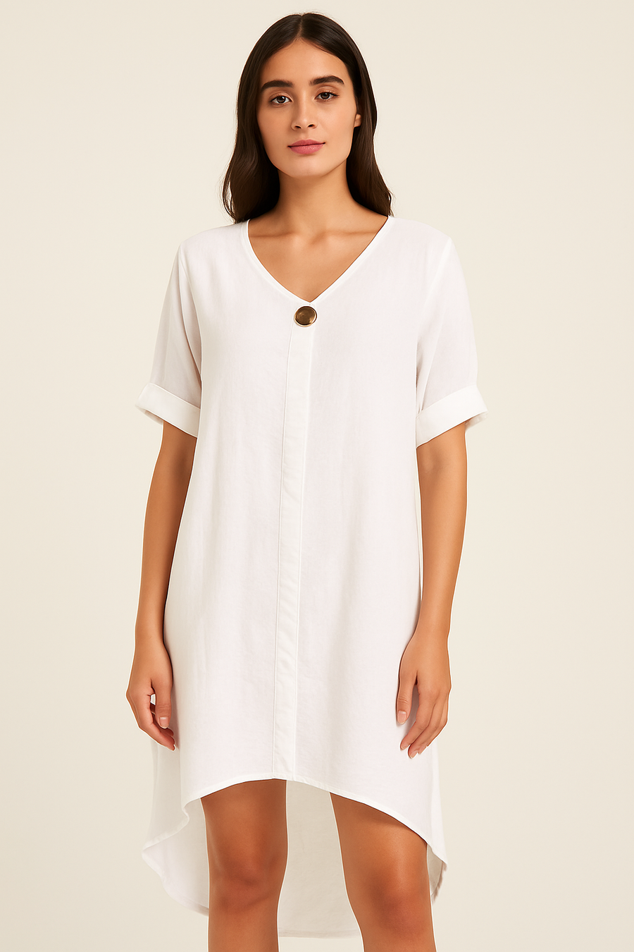 DROPPED HEM LINEN COTTON BLEND DRESS WITH DECORATIVE BUTTON