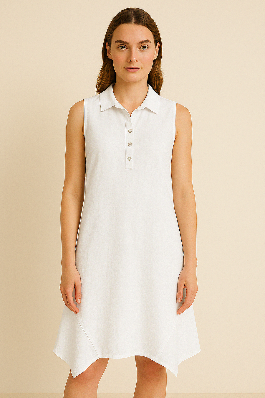 SLEEVELESS LINEN COTTON BLEND DRESS WITH COLLAR AND HALF BUTTON STAND