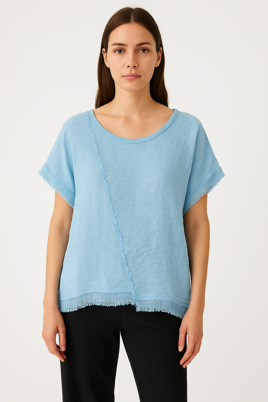 LINEN FRONT AND COTTON BACK ASYMMETRIC T-SHIRT WITH MESH HEMMING