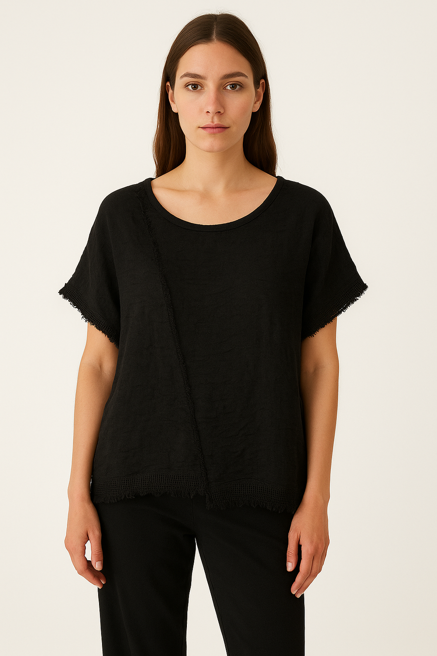LINEN FRONT AND COTTON BACK ASYMMETRIC T-SHIRT WITH MESH HEMMING