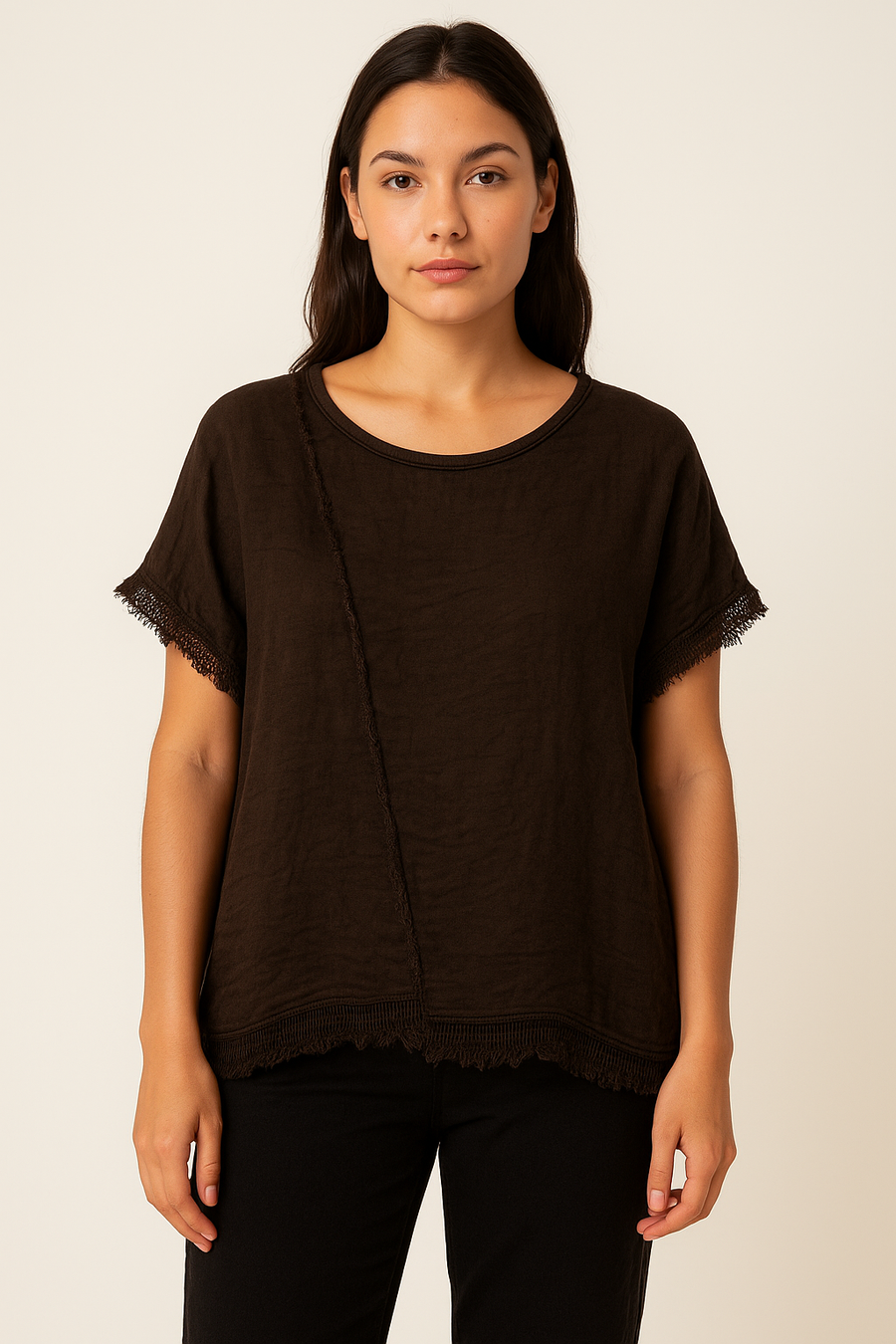 LINEN FRONT AND COTTON BACK ASYMMETRIC T-SHIRT WITH MESH HEMMING