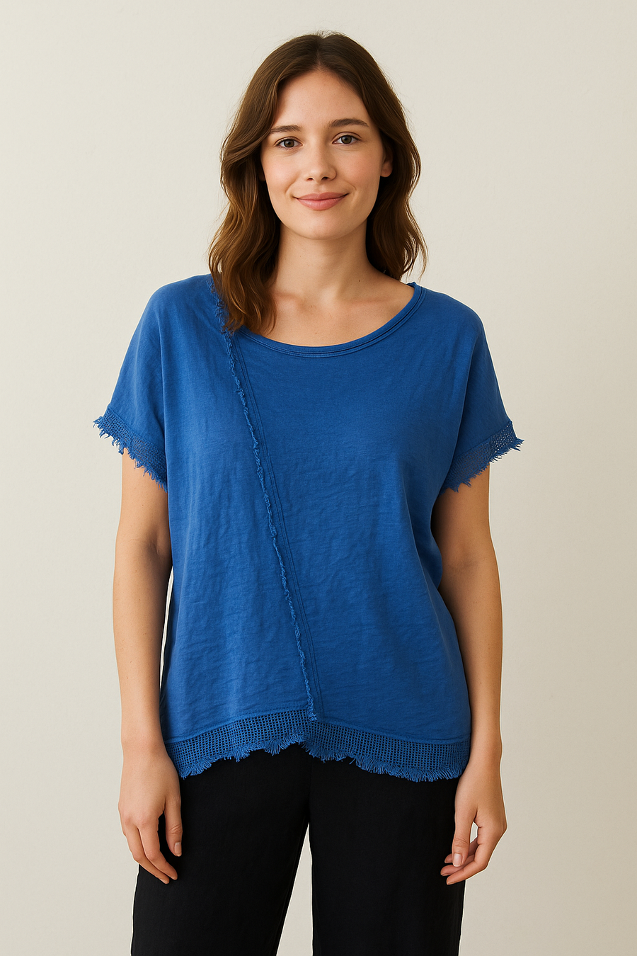LINEN FRONT AND COTTON BACK ASYMMETRIC T-SHIRT WITH MESH HEMMING