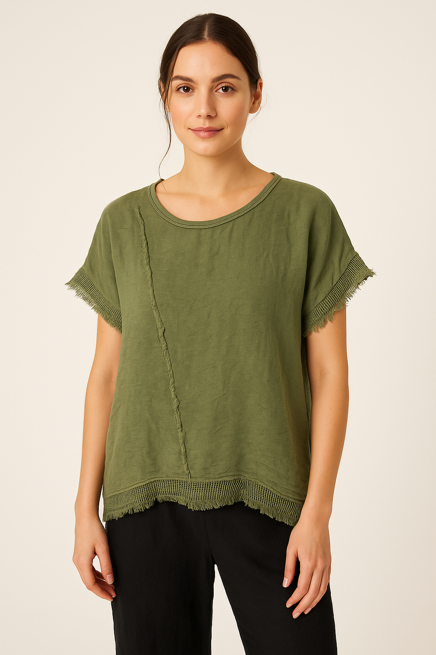 LINEN FRONT AND COTTON BACK ASYMMETRIC T-SHIRT WITH MESH HEMMING