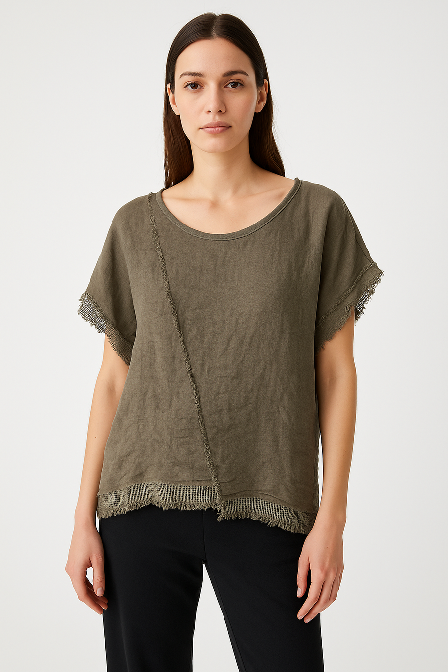 LINEN FRONT AND COTTON BACK ASYMMETRIC T-SHIRT WITH MESH HEMMING