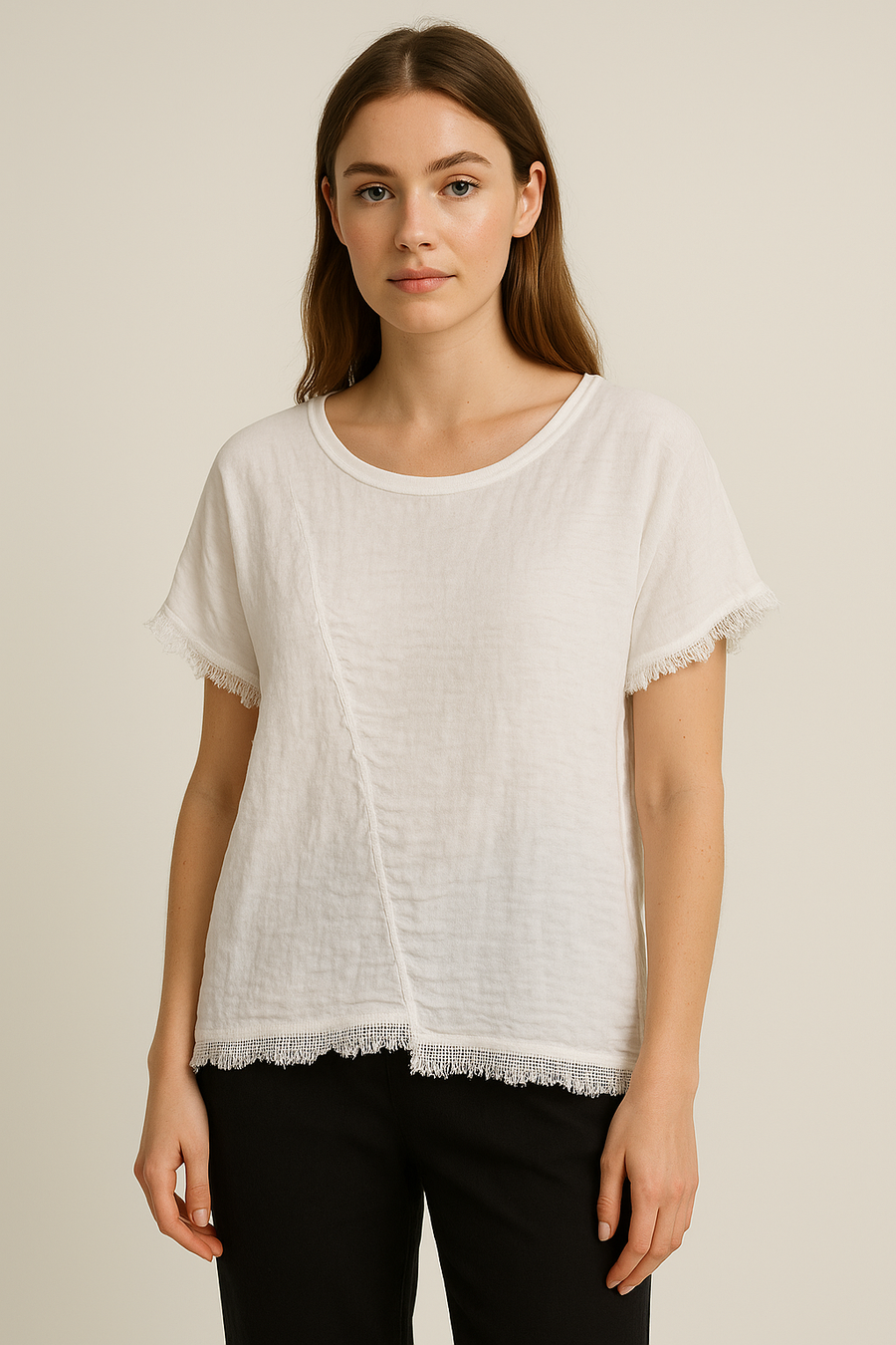 LINEN FRONT AND COTTON BACK ASYMMETRIC T-SHIRT WITH MESH HEMMING