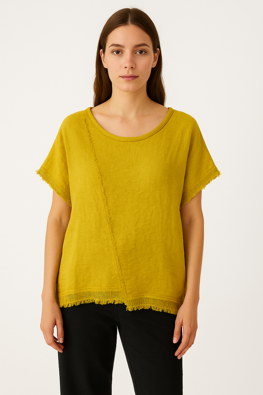 LINEN FRONT AND COTTON BACK ASYMMETRIC T-SHIRT WITH MESH HEMMING