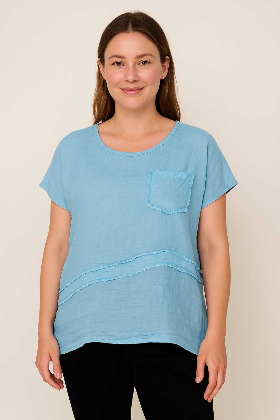 LINEN FRONT COTTON BACK T-SHIRT WITH CHEST POCKET