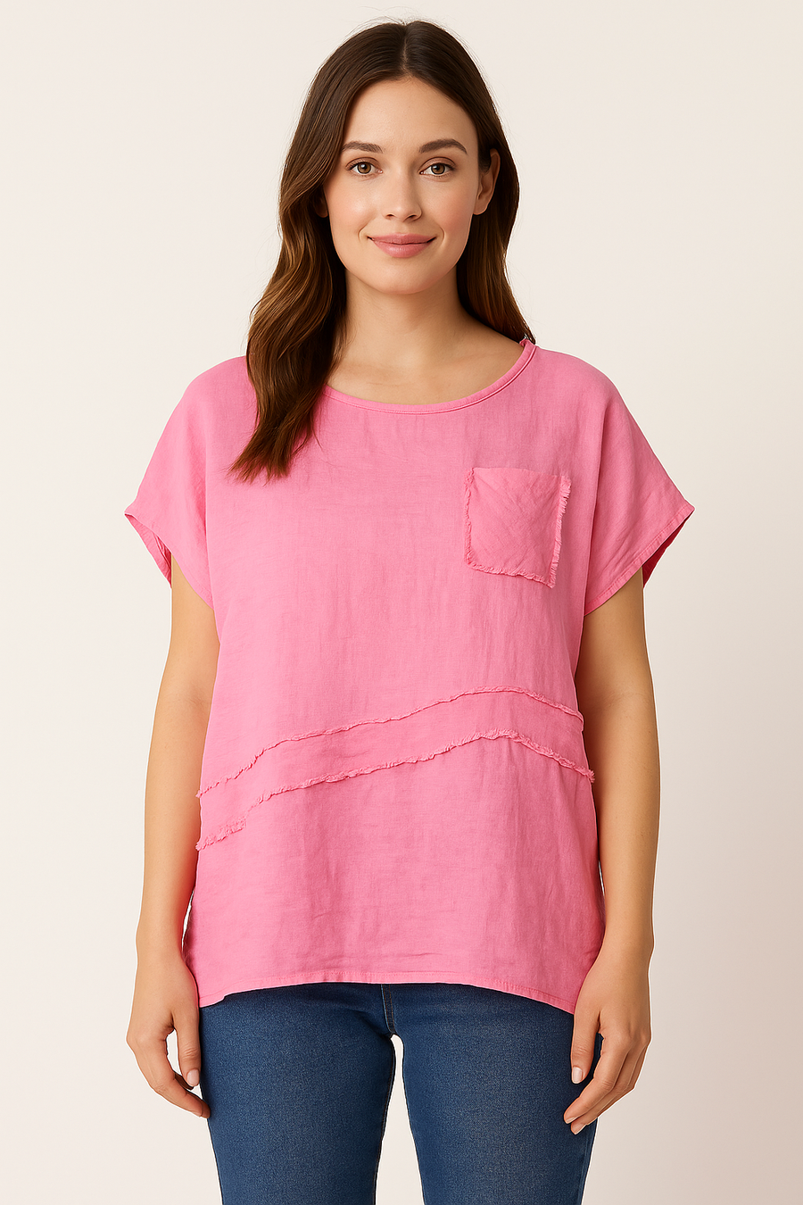 LINEN FRONT COTTON BACK T-SHIRT WITH CHEST POCKET