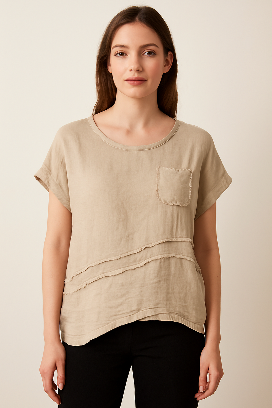 LINEN FRONT COTTON BACK T-SHIRT WITH CHEST POCKET