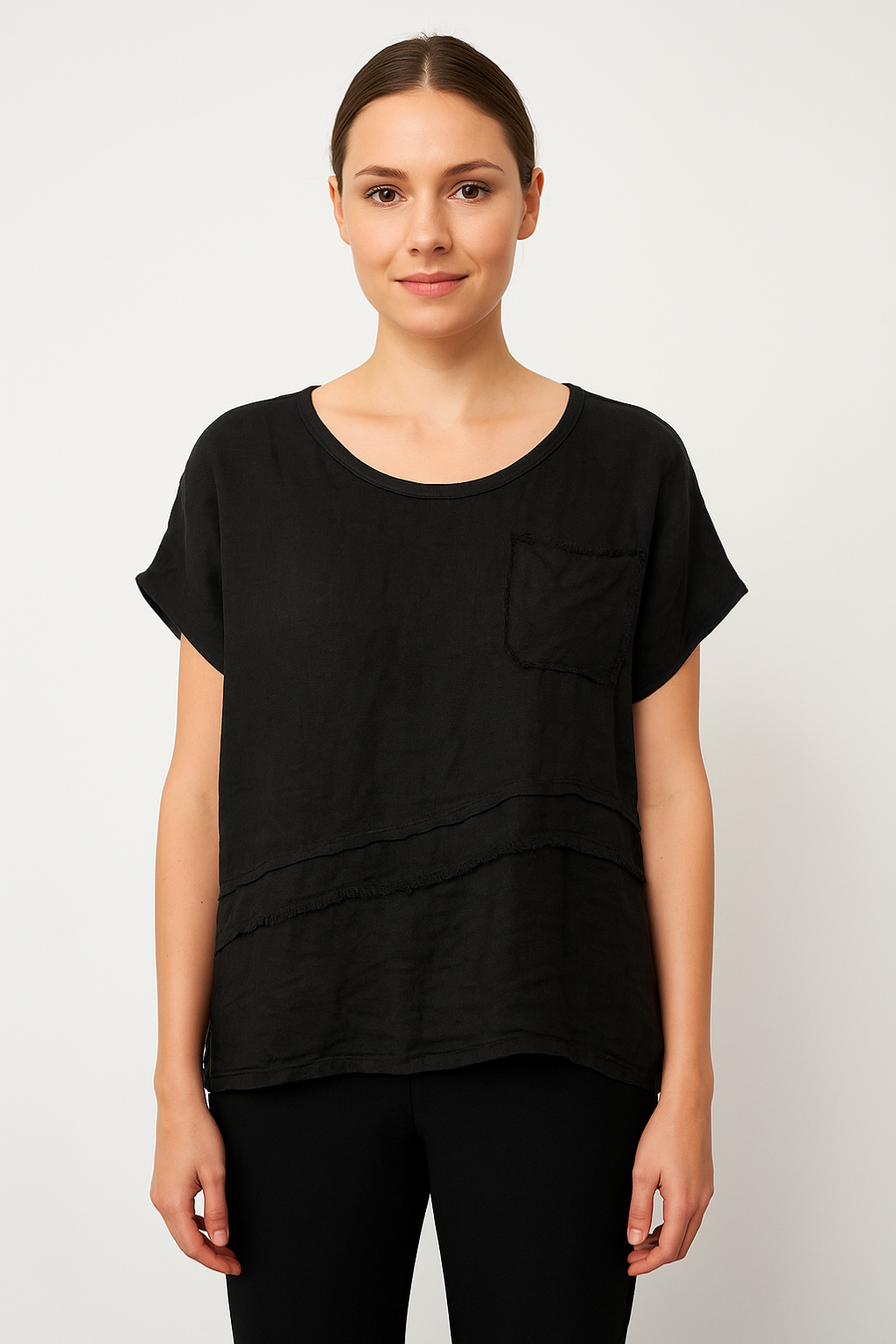 LINEN FRONT COTTON BACK T-SHIRT WITH CHEST POCKET