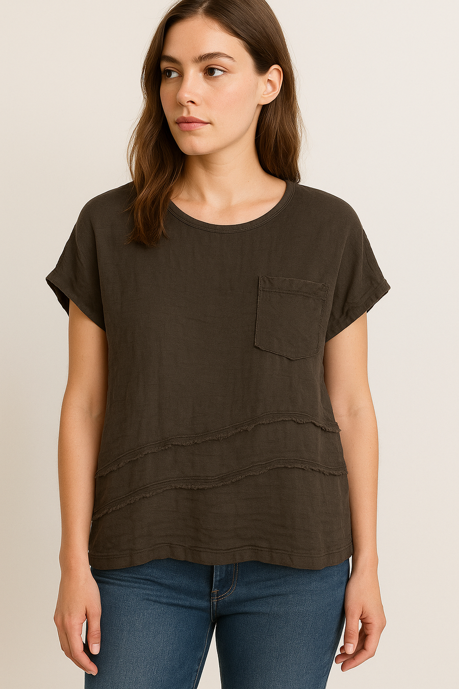 LINEN FRONT COTTON BACK T-SHIRT WITH CHEST POCKET