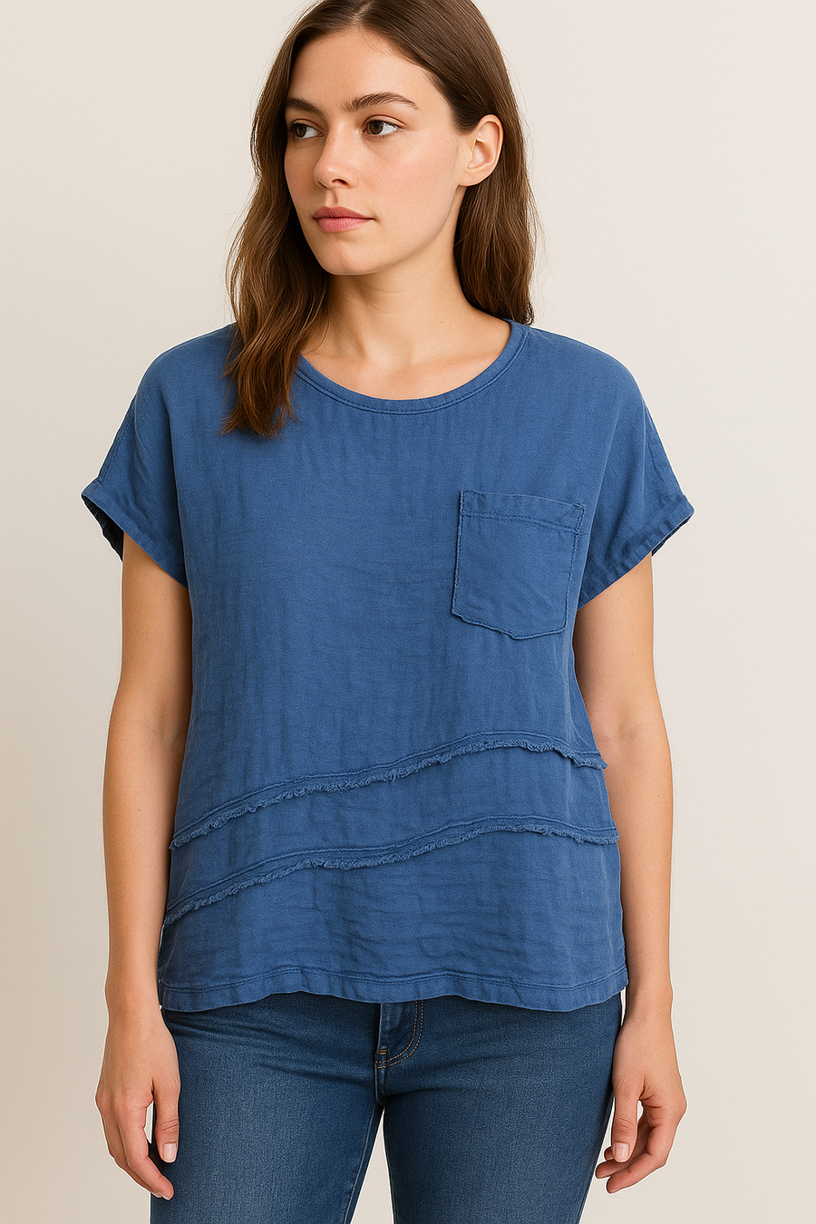 LINEN FRONT COTTON BACK T-SHIRT WITH CHEST POCKET