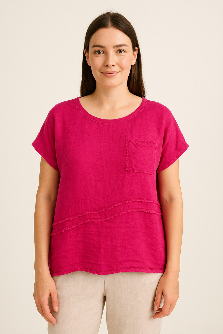 LINEN FRONT COTTON BACK T-SHIRT WITH CHEST POCKET