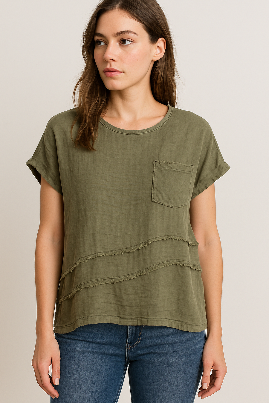 LINEN FRONT COTTON BACK T-SHIRT WITH CHEST POCKET
