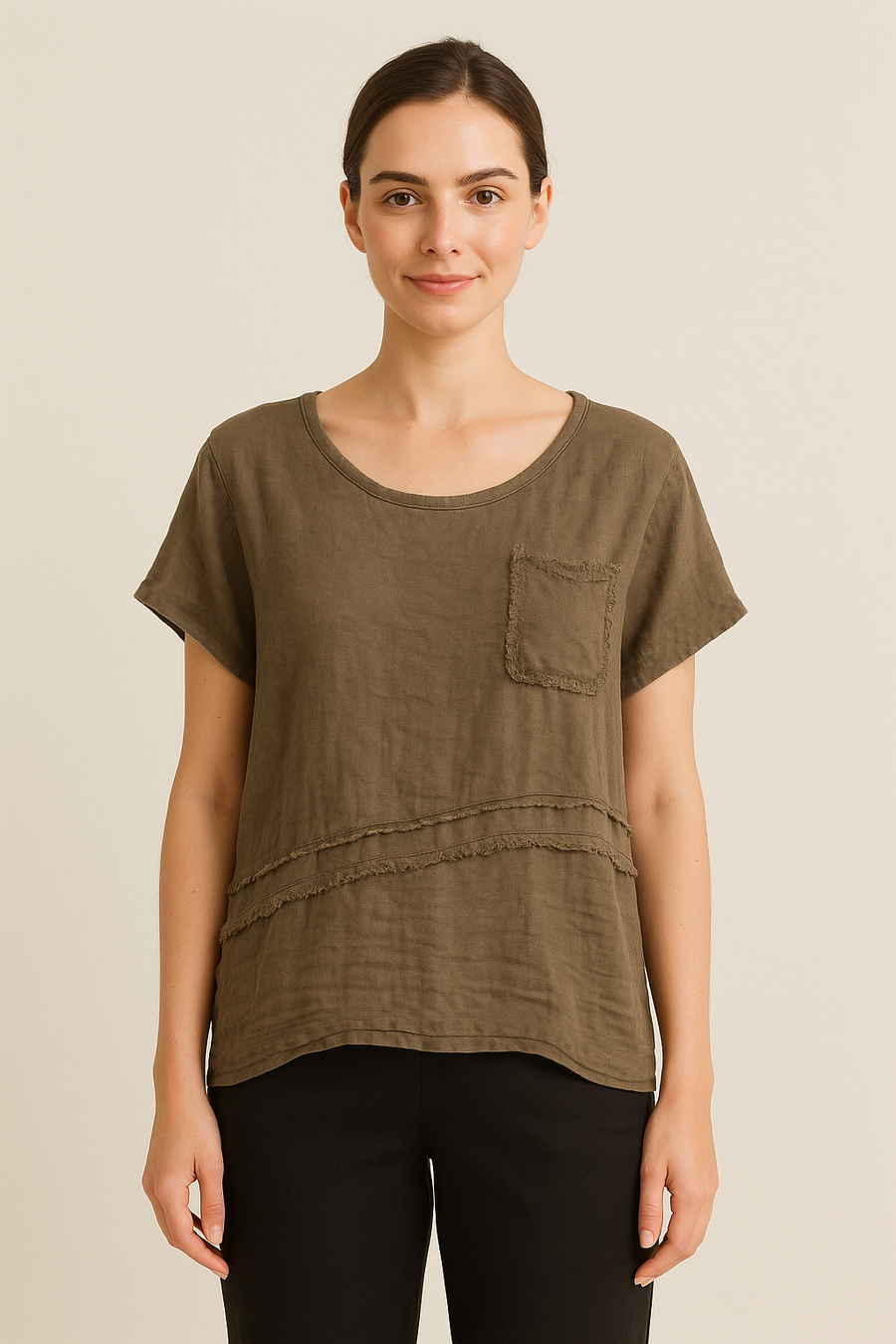 LINEN FRONT COTTON BACK T-SHIRT WITH CHEST POCKET