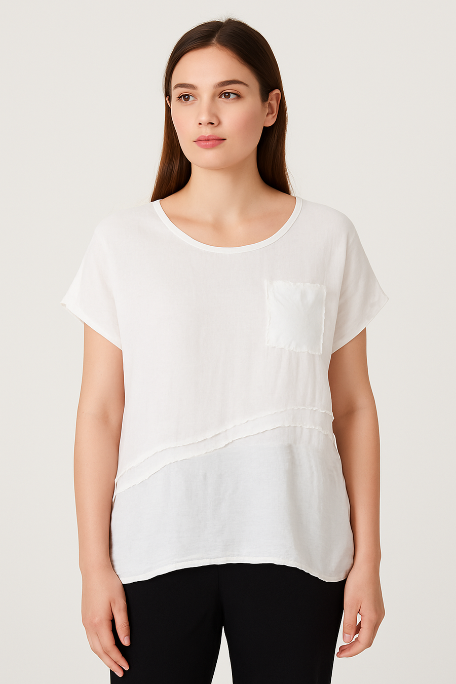 LINEN FRONT COTTON BACK T-SHIRT WITH CHEST POCKET