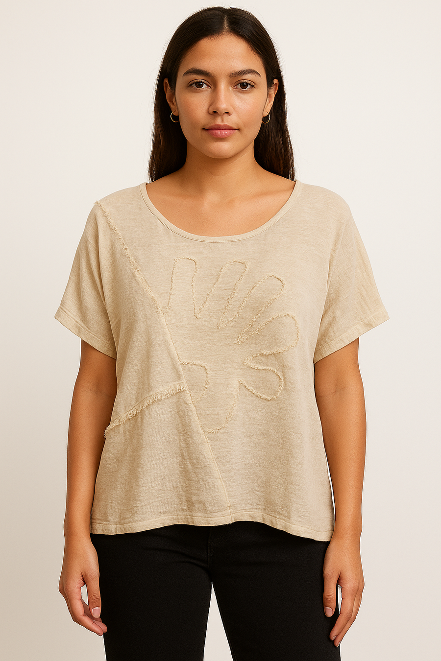 LINEN COTTON BLEND T-SHIRT WITH FRONT DESIGN