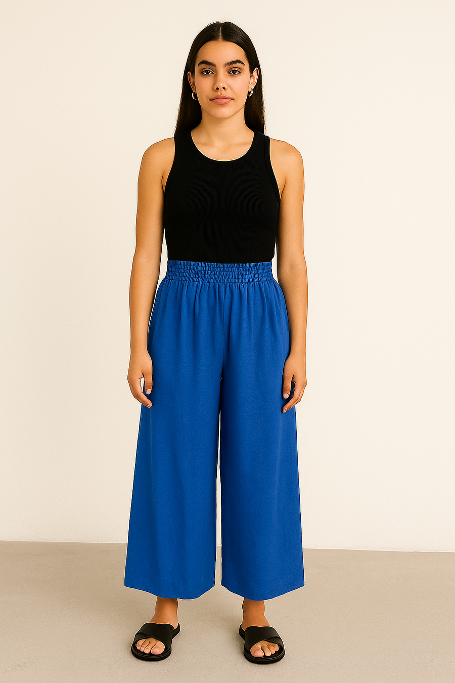 WIDE LEGGED LINEN COTTON BLEND TROUSERS
