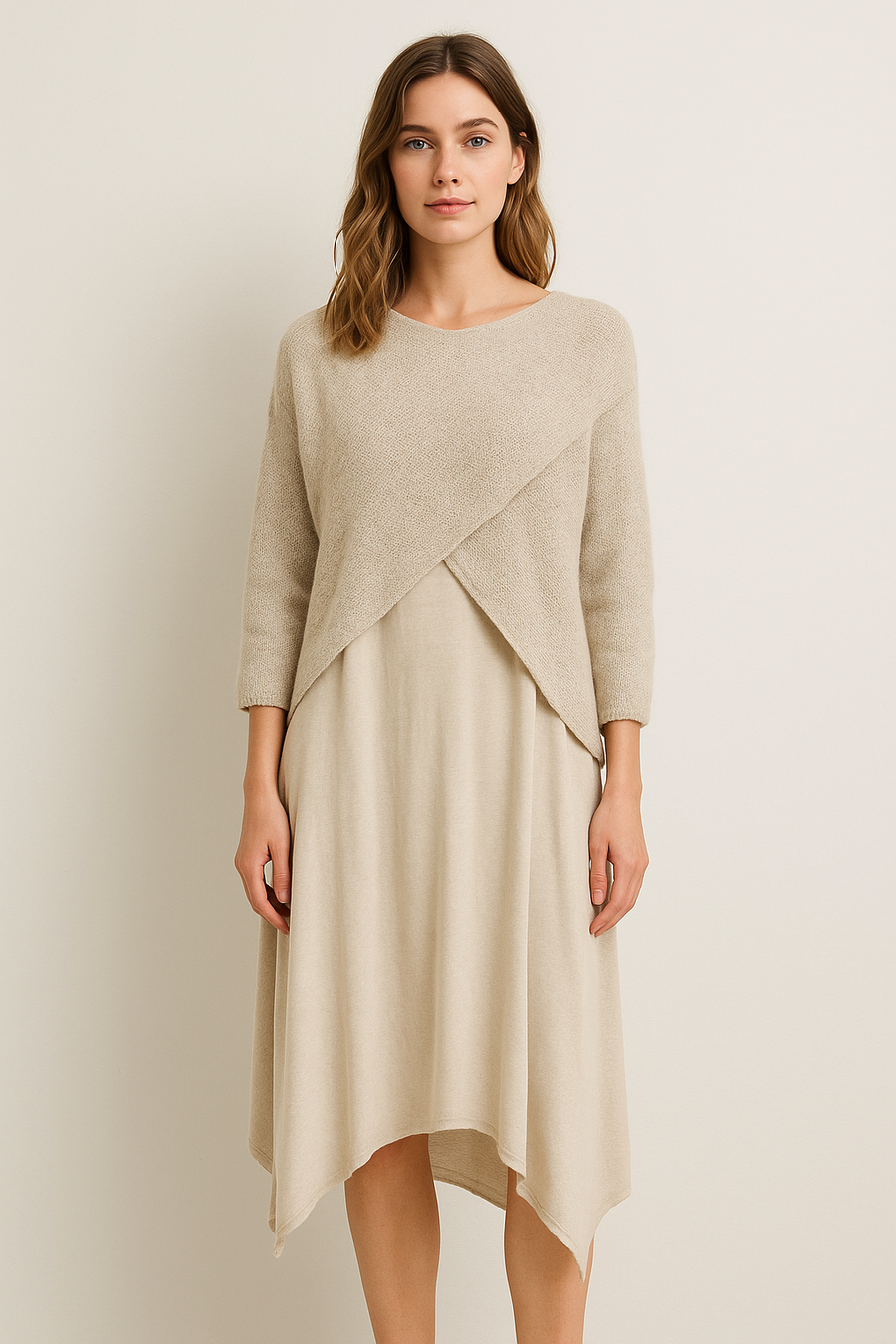 WOOL BLEND CROSS OVER TOP WITH PURE STRETCHY VISCOSE SLEEVELESS DRESS