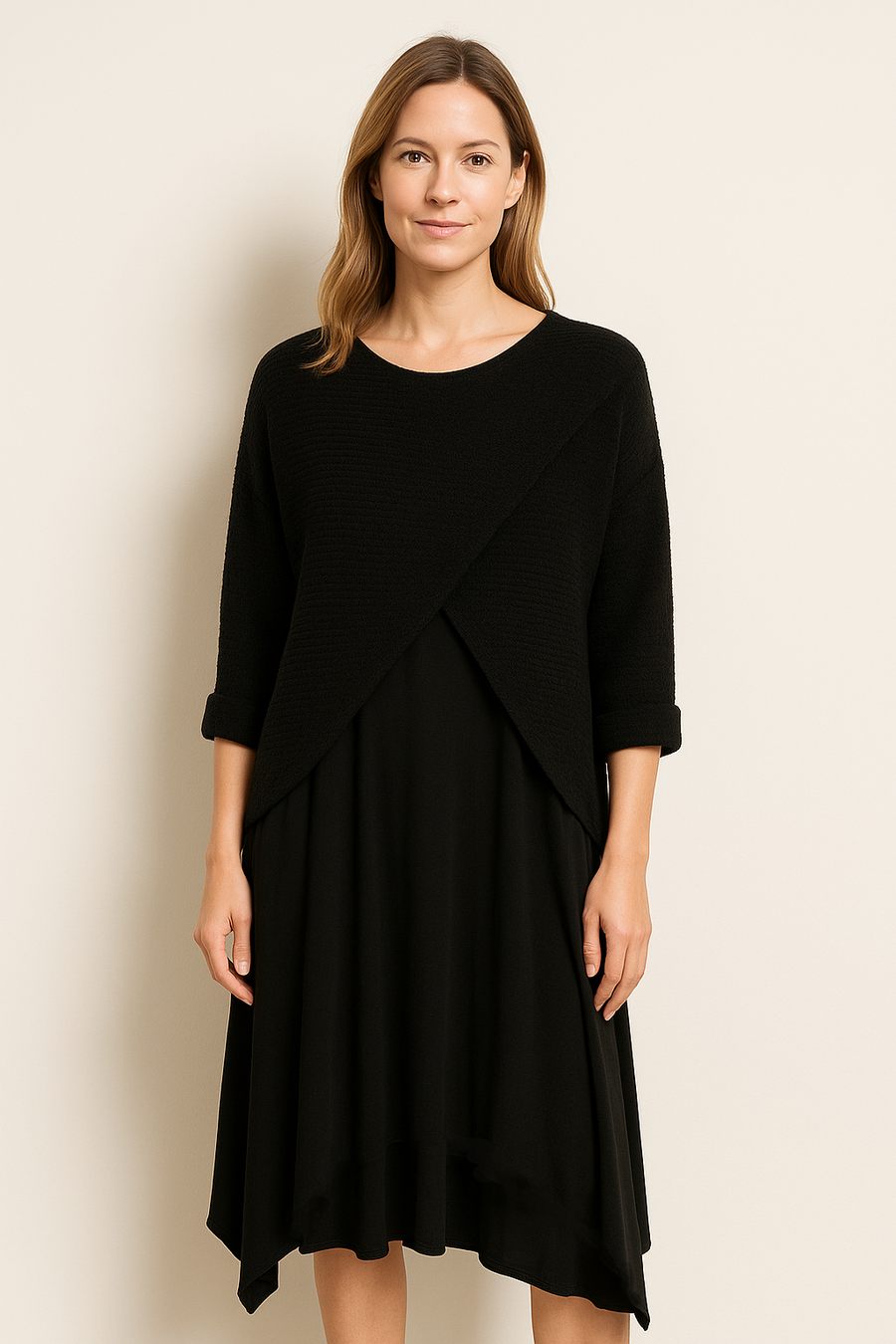 WOOL BLEND CROSS OVER TOP WITH PURE STRETCHY VISCOSE SLEEVELESS DRESS