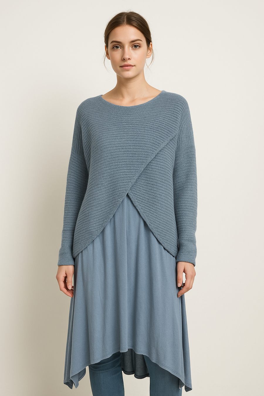 WOOL BLEND CROSS OVER TOP WITH PURE STRETCHY VISCOSE SLEEVELESS DRESS