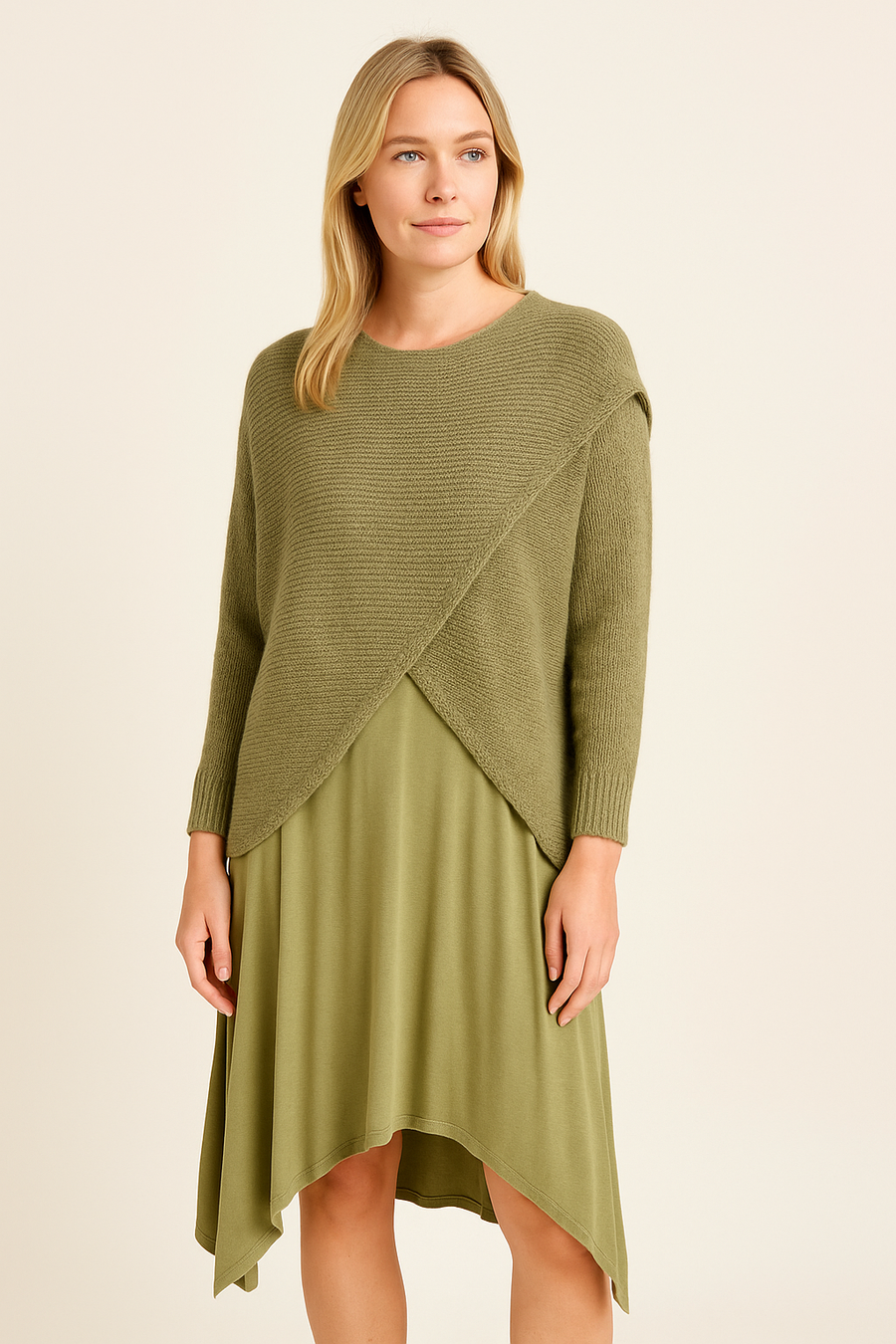 WOOL BLEND CROSS OVER TOP WITH PURE STRETCHY VISCOSE SLEEVELESS DRESS