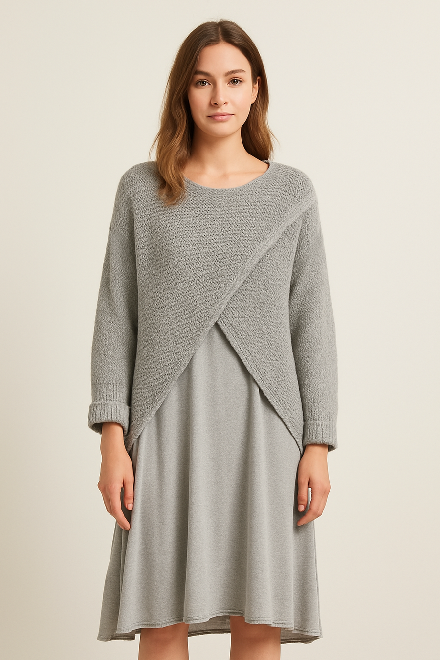 WOOL BLEND CROSS OVER TOP WITH PURE STRETCHY VISCOSE SLEEVELESS DRESS